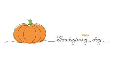one line drawing of pumpkin and Happy Thanksgiving Day handwritten text vector