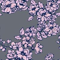 Abstract artistic seamless pattern with blooming in a many kinds wild flowers. Stylized pink floral stems printing on a grey background. hand drawing illustration. Design for fabric, fashion vector