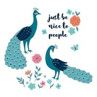 Postcard or poster with peacocks and flowers. graphics. vector