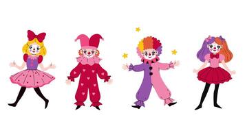 Set of funny four clowns boys and girls. graphics. vector