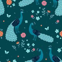 Seamless pattern with peacocks and flowers. graphics. vector