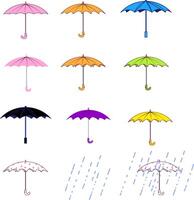 A set of umbrellas of different colors and a little rain. illustration umbrellas side view. umbrellas with outlines of different colors. Autumn set of umbrellas with red spots vector
