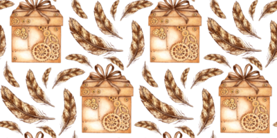 Brown gift box with bow and feathers in steampunk style pattern watercolor illustration. The box is decorated with gears and cogs. Isolated from the background. Ideal for cards, png