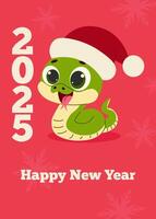 2025 New Year card with a cute snake in a Santa hat. Happy Chinese new year. Year of snake. card. vector