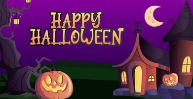 Happy halloween banner or party invitation background with violet fog clouds and pumpkins vector