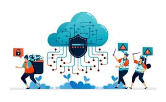 illustration of cloud security guard systems from theft and misuse of digital user data vector