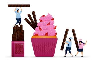 Pastry chef makes cupcake topping with red strawberry pieces and pink icing with wafer rolls. Illustrations can be used for cookbook covers, banners, flyer, ads vector