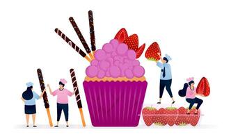 Chef makes muffins with topping of whole fresh strawberries and stick biscuits coated with chocolate. Illustrations can be used for cookbook covers, banners, flyer, ads vector