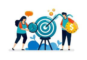 Business illustration of time and costs for achieve desired target metaphor with dartboard and arrows. Can be used for banner of banking, financial firm, office, investment institution vector