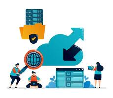 design of cloud data center illustration. access folder for cloud users. up arrow down to upload download file internet access vector