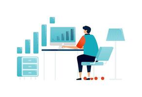 Workspace illustration of businessman working behind desk and reviewing companies financial charts. Can be used for landing web, promotion, ads, websites, apps, poster vector