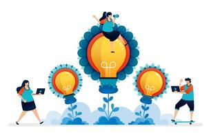 illustration of growth and flourish in developing idea metaphor by light bulb growing in flower vector