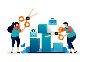 Business illustration of people cutting barchart with scissors metaphor of lower expectations target. Can be used for web, websites, landing pages, apps, posters, flyers vector