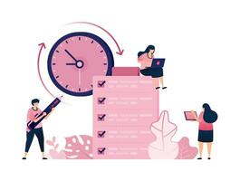 Illustration of time management from agendas and schedules checked on clipboard for time efficiency. Can be used for websites, web, landing pages, apps vector
