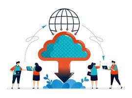 design of cloud data center illustration. Global access to cloud technology for sharing and sending files on internet network vector