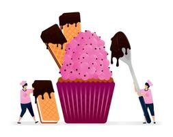 Pastry chef makes cupcake with icing, drips of melted chocolate and vanilla cream biscuit sandwich. Illustrations can be used for cookbook covers, banners, flyer, ads vector