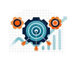 Business illustration of arrows hit target on gear shaped board for aiming of progress and achievement. Can be used for landing pages, websites, mobile apps, posters, flyers vector