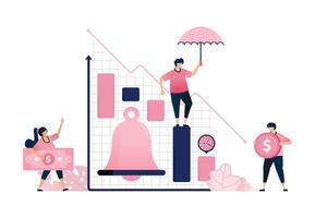 Ringing bell illustration for bar chart reminder in increasing and decreasing sales. Can be used for banking and financial sector, ads, promotion vector
