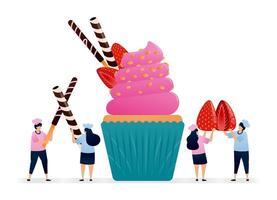 Chef makes cupcakes topped with peanut sprinkles, straw wafers and cholocate coated biscuit sticks. Illustrations can be used for cookbook covers, banners, flyer, ads vector