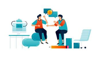 Workspace illustration of employees discussing finances and corporate progress while working. Can be used for poster, template, banner, cover, flyer, brochure vector