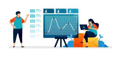 Business illustration of reviewing board line chart fluctuations from company reports and email archives. Can be used for seamless office template, homepage, landing page, proster ads vector
