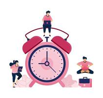 Illustration of people doing activities around an alarm clock for a reminder metaphor. Can be used for brochures, mobile startups, ads, flyers vector