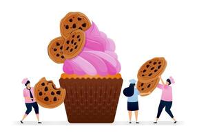 Pastry chef makes cupcakes with pink icing topping and layered chocolate chip cookies. Illustrations can be used for cookbook covers, banners, flyer, ads vector