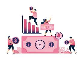 Illustration of time management in finance and investment with the metaphor of a clock in money. Can be used for banking and financial sector, ads, promotion vector