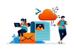 Business illustration of accessing the network cloud for data sharing and email communication. Can be used for web, websites, landing pages, apps, posters, flyers vector