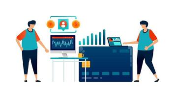 Workspace illustration of reviewing investment performance in credit card and banking loan services. Can be used for landing pages, websites, mobile apps, posters, flyers vector