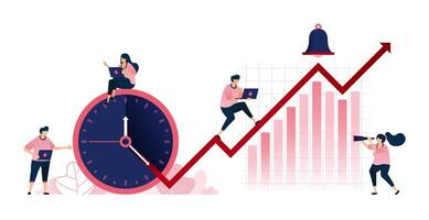 Illustration of time management statistics and data with people working there. Can be used for websites, web, landing pages, apps vector