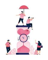 Illustration of people moving around a clock bound by an hourglass for a countdown metaphor. Can be used for banking and financial sector, ads, promotion vector