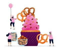 Chef makes muffins with topping of savory salted pretzel and sprinkle of chocolate breakfast cereal. Illustrations can be used for cookbook covers, banners, flyer, ads vector