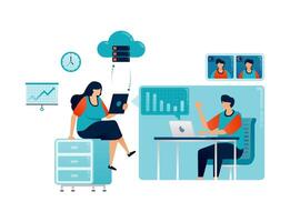 Workspace illustration of casual office meeting digitalized with cloud for work from anyware metaphor. Can be used for landing pages, websites, mobile apps, posters, flyers vector