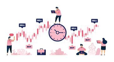 Illustration of people predicting the best time to buy of sell in stock market with time management. Can be used for brochures, mobile startups, ads, flyers vector