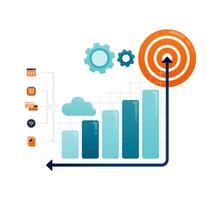 Business illustration of bar chart rising and hitting aim for sales and financial targets achieved. Can be used for landing pages, websites, mobile apps, posters, flyers vector