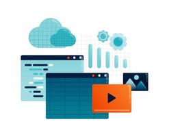 Business illustration of digitizing spreadsheet reports with action programs, multimedia and cloud. Can be used for poster, template, banner, cover, flyer, brochure vector