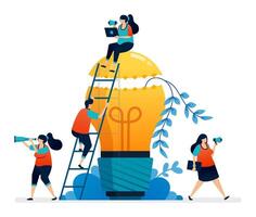 illustration of teamwork in getting ideas to solve light blub problems vector