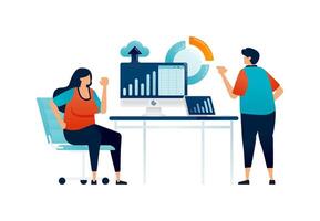 Workspace illustration of employees are reviewing companies reports charts and uploading to cloud. Can be used for landing web, promotion, ads, websites, apps, poster vector