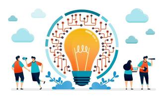 illustration of network communicates with each other with the light bulb to get the best ideas vector