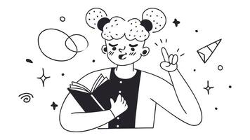 Doodle llustration of a girl with twin buns, open book, and teaching gesture. Monochrome colors, cartoon style. Ideal for educational apps, teaching resources, and learning platforms. vector