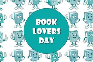 Book Lovers Day celebration poster with smiling book characters. Features vibrant teal and white colors, for web design and educational materials. Includes prominent text Book Lovers Day in the center vector