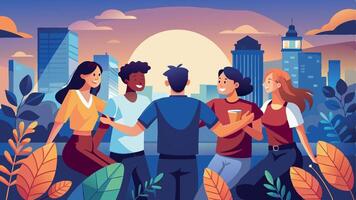Group of friends gathered in a city park during sunset. Warm colors and modern flat design vector