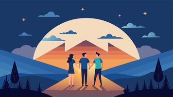 Flat illustration of three people walking towards a scenic sunset. Minimalistic design with strong color contrast. vector