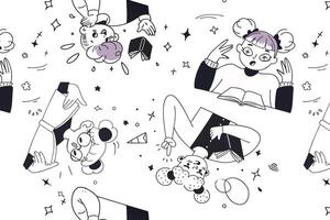 Repeating doodle pattern featuring children reading books in various poses, using pastel colors. Suitable for educational-themed textiles, wallpapers, or wrapping paper. vector