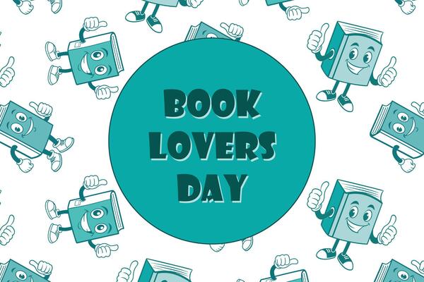 Happy book mascots surrounding Book Lovers Day text in a dynamic, repeating pattern, for web backgrounds and educational posters. Features a clean and consistent teal color scheme