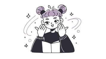 Doodle Illustration of a girl with purple hair buns, open book, and happy expression. Pastel color palette and whimsical design. Great for educational apps, kids' content, and learning resources. vector