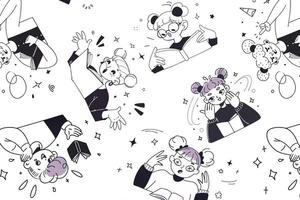 A repeating doodle pattern of children reading books, illustrated in black and white. Perfect for educational materials, wrapping paper, or web backgrounds. vector