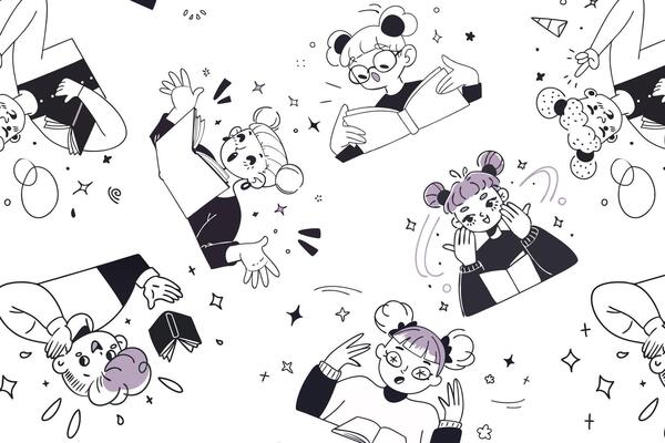 A repeating doodle pattern of children reading books, illustrated in black and white. Perfect for educational materials, wrapping paper, or web backgrounds.