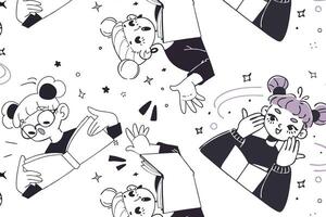 Doodle repeating pattern featuring kids reading books in various poses with different expressions in pastel colors. Ideal for educational textiles, wallpapers, and backgrounds. vector